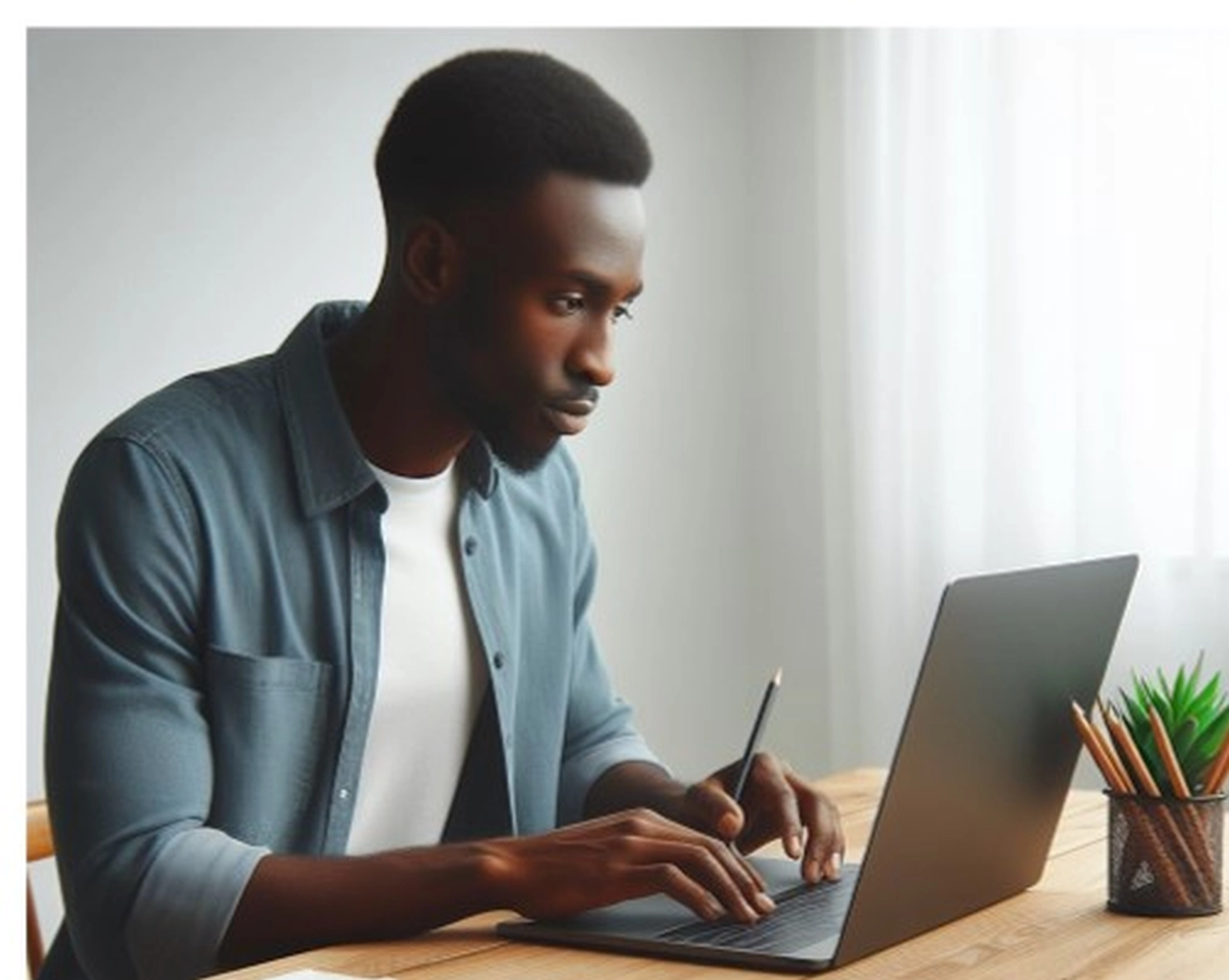 Sabine Mutumba, ein afrikanischer Mann, der an einem Laptop arbeitet